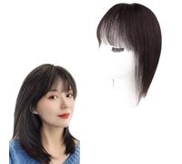100% Real Human Hair Topper With Bangs Women Elegant Straight Hairpiece Clip In Top Wiglet For Thinning Hair 360° 3D Cover Hair Extensions For Daily Use(Brown,20cm)