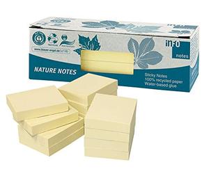 100% Recycled Sticky Notes, Yellow, 50 x 40 mm, Certified with The Blue Angel, 100 Sheets per pad, 12 Pads Packed in a Recycled Box