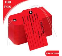 100 Rejected Tags Individually Pre-Wired - Red Inspection Cardstock Quality Control Tag with Reinforced Eyelet - 4-3/4" x 2-3/8" Pre- Attached Wire for Convenient Examinations