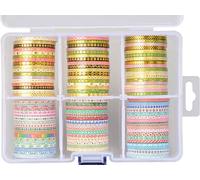 100 Rolls Washi Tape Set,Foil Gold Skinny Decorative Masking Washi Tapes,1-5MM Wide DIY Masking Tape,Some Tapes Have a Repeating Pattern (100 random patterns with box)