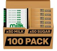 100 Sachets Bundle: Long Life Semi Skimmed Milk & Sugar Sticks, 50x Individual Milk and 50x Brown Sugar Portions for Coffee, Tea - Ideal for Office, Travel, Camping & Home Use