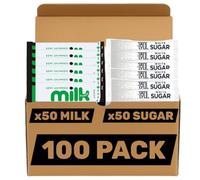100 Sachets Bundle: Long Life Semi Skimmed Milk & Sugar Sticks, 50x Individual Milk and 50x Sugar Portions for Coffee, Tea - Ideal for Office, Travel, Camping & Home Use