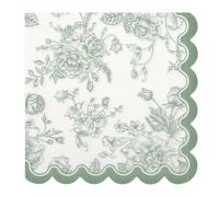 100 Sage Green Floral Paper Napkins Green & White Flowers Disposable Party Napkin 6.5" Scalloped Edge Toile Bouquet Hand Towels for Birthday Bridal Baby Shower Tableware