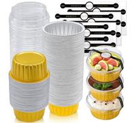 100 Set Re-usable Cake Tins with Lids and Stickers, 150ml Round Aluminum Foil Baking Pans Small Loaf Tins Cups Tart Pie Containers for Cupcake Muffins Desserts, Gold