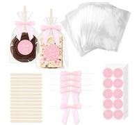 100 Sets Cake Pop Sticks and Wrappers Kit Including 4x6in Cake Pop Bags with Pink Bow Ties, Lollipop Sticks, Stickers, Rice Crispy Treat Bags for Individually Wrapped Rice Crispy Cookie Candy