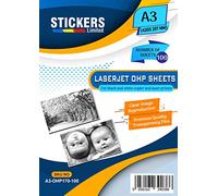 100 Sheets A3 of Overhead Projector Film or Clear 100 Mic OHP Transparencies Aptable for Black & White Laserjet, Copier Printers #A3-LO170-100 Stickers Limited