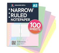 100 sheets pack A5 size Narrow ruled assorted notepaper 6-ring organiser refill insert | Compatible with Filofax A5 6-ring organisers