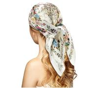 100% Silk Head Scarf for Women - 27" Hair Scarves Satin Bandanas Square for Night Sleeping with Gift Packed, Bird/White/Flower, Large