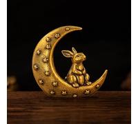 100% Solid Brass, Retro Moon Rabbit Desk Decor, Cute Bunny Sitting on Crescent Moon Figurine, Vintage Collectible Art Sculpture, Aesthetic Home Office Decoration, Dreamy Gift for Women Girls