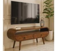 100% Solid Mango Wood Round TV Stand with 2 Smooth-Gliding Drawers and Open Slot, Table for Living Room, 35L x 90W x 45H cm, Brown Aosom UK