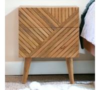 100% Solid Wood 2-Drawer Bedside Table with Zig-Zag Geometric Front, Desk with Hand-Finished Craftsmanship, 35L x 45W x 58H cm, Brown Aosom UK