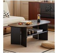 100% Solid Wood Coffee Table For Living Room, 2-Tier Rustic Wood Desktop With Storage Open Shelf Low Tables, Floor Table Desk Oval Coffee Tables, Black