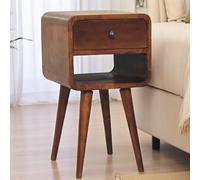 100 % Solid Wood Mini Bedside Table with Drawer and Curved Open Shelf, Handcrafted Desk for Compact Storage, 30L x 30W x 55H cm, Brown Aosom UK