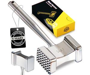 100% Stainless Steel Meat Mallet Hammer Tenderizer, Textured Grip for Superior Control, 1.15lb Single-Piece Chicken Pounder, Large Surface for Faster Tenderizing, 5-Year Warranty, Ablandador de carne
