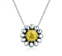 100% Sterling Silver Blooming Yellow Daisy Flower Clear Pendant Necklace For Women Luxury Jewelry