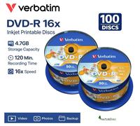 100 Verbatim AZO 43533 Blank DVD-R 16x 4.7GB DVD Printable No-ID Discs Taiwan