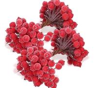 100 Wired Artificial Berry Stems Artificial Flower Decoration 200 Pieces 12mm Mini Berry Frosted Christmas Fruit, Red