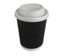 100 x 12oz BLACK Triple Ripple Paper Wall Disposable Tea Coffee Cappuccino Hot Drinks CUPS & WHITE LIDS