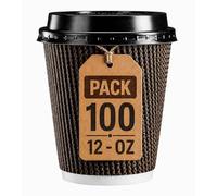 100 x 12oz Disposable Coffee Cups with Lids - Kraft Ripple Triple Wall Insulated Paper Cups for Tea, Coffee & Hot Drinks, Brown