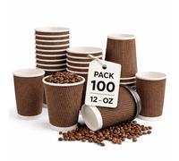 100 x 12oz Ripple Paper Coffee Cups with Lids - Triple Wall Brown Insulated Disposable Takeaway Cups for Hot Drinks, Tea, Coffee & Cappuccino - Leak Resistant Recyclable Coffee Cups - 100 Pack 12oz