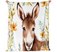 100 x 140 cm Flannel Fleece Throw Blanket - Soft Warm Watercolor Cute Donkey Flowers Printed Blanket for Kids Teens Adults Lightweight Cozy All-Season Blanket, Light Brown