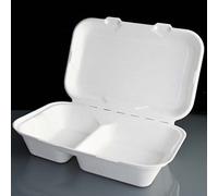 100 X 2 Compartment Clamshell Bagasse Takeaway Food Box 9.8 X 6.3 Inch White, Super Rigid Biodegradable, Compostable and Recyclable Disposable Food Boxes Eco Takeaway Box