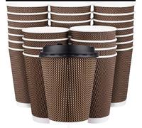 100 x 8oz Ripple Brown Kraft Paper Cups - 3-PLY Disposable Insulated Coffee Cups with Secure White SIP Through Lids - Leak-Proof Durable Paper Cup for Tea, Coffee & Hot Beverages