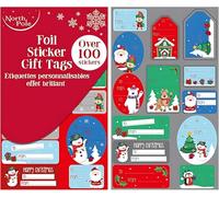 100 x Christmas Foil Gift Tags Self Adhesive for Presents - Writable Gift Wrapping Christmas Labels Stickers to Organise Gifts (Cute Foil Stickers)