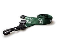 100 x Green First Aid Printed Lanyards with Plastic J Clips and Safety Breakaways