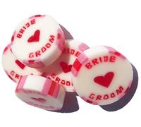 100 x Red & Pink Wedding Favour Wrapped Rock Sweets with Bride and Groom. Raspberry Ripple Ice Cream Flavour