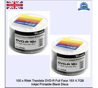 100 x Ritek Traxdata DVD-R Full Face 16x 4.7GB Inkjet Printable Blank Discs New