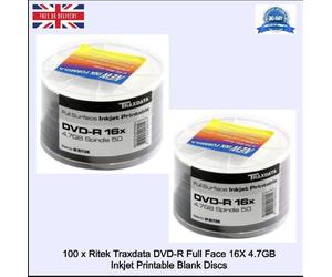 100 x Ritek Traxdata DVD-R Full Face 16x 4.7GB Inkjet Printable Blank Discs New