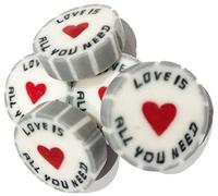 100 x Silver Wedding Favour Wrapped Rock Sweets with LOVE IS ALL YOU NEED. Pear Drop Flavour