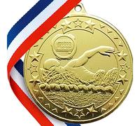 100 x Swimming Embossed Metal Medals On Ribbons - Gold