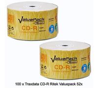 100 x Traxdata CD-R Ritek Valuepack 52x 700MB 80min Non-Printable Logo Shrinks