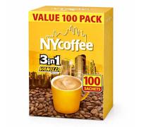100 x Vanilla NY Coffee 3 in 1 Sachets - 100 Instant Coffee Sticks - 10 Boxes x 10 Vanilla Flavoured Coffee Mix - Individual Sachets for Home, Office, Travel & On-The-Go