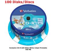 100 x Verbatim Blank CD-R 52x White CD Printable 700MB 80Mins Discs in Spindle