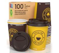 100 Yellow Brown Paper Cups 8oz with Lids Takeaway Eco Friendly Biodegradable Disposable Baciato Caffè Hot and Cold Drinks Water Tea Coffee Cappuccino - 240ml - Ideal for Events, Office and Party
