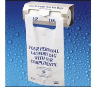1000 (4x250) Disposable Printed Wet Kit Bags in a White HD Poly Material. Printed in Blue Text 'Your Personal Laundry Bag with our Compliments', Perforated on a Roll. Sports Clubs, Leisure Centres