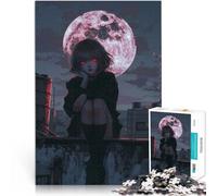 1000 Adult Pieces Jigsaw Puzzle Anime Girl Under Blood Moon Herausforderndes Spiel mit passendem Poster und Quizblatt52x38cm