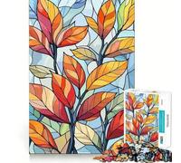 1000 Adult Pieces Jigsaw Puzzle Autumn Leaves Stained Glass Style Illustration Neat Cut Decor Focus Fun Game Free Time Play Birthday Hobby Gift (38x52cm)