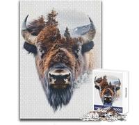 1000 Adult Pieces Jigsaw Puzzle Bison And Forest Double Exposure Calm And Enjoyable Free Time Advanced Die Cut Precision Toy Size 50x75cm
