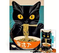 1000 Adult Pieces Jigsaw Puzzle Black Cat Eating Ramen Perfect Edge Play Cognitive Play Gift Idle Play Game Birthday Activity (38x52cm)