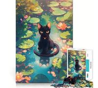 1000 Adult Pieces Jigsaw Puzzle Black Cat in A Lily Pond Cute Cat Tight Cut Fun Thinking Skill Game Leisure Fun Time Birthday Activity (50x75cm)