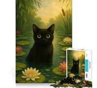1000 Adult Pieces Jigsaw Puzzle Black Cat in A Lily Pond Neat Fit Decor Mind Exercise Toy Casual Fun Time Christmas Fun Gift (38x26cm)