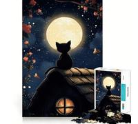 1000 Adult Pieces Jigsaw Puzzle Black Cat Under Full Moon Fine Cut Art, Mental Focus Game, Quiet Time Game, Birthday Activity (50x75cm)