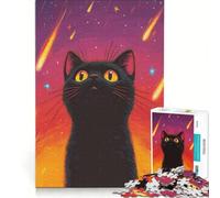 1000 Adult Pieces Jigsaw Puzzle Black Cat Under Shooting Stars, Family Game, Difficult And Challenge, Birthday And Unique Gifts 38x26cm