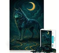 1000 Adult Pieces Jigsaw Puzzle Blue Wolf Under Crescent Moon Fine Cut Art, Mental Focus Game, Quiet Time Game, Birthday Activity (38x26cm)
