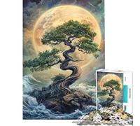1000 Adult Pieces Jigsaw Puzzle Bonsai Tree Under Full Moon Artwork Help The Brain Exercise Home Decoration Practical Game for Ages 14 And over (38x52cm)