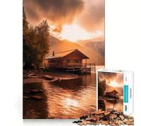 1000 Adult Pieces Jigsaw Puzzle Cabin by The Lake at Sunset Tight Cut Fun Thinking Skill Game Leisure Fun Time Birthday Activity (38x26cm)